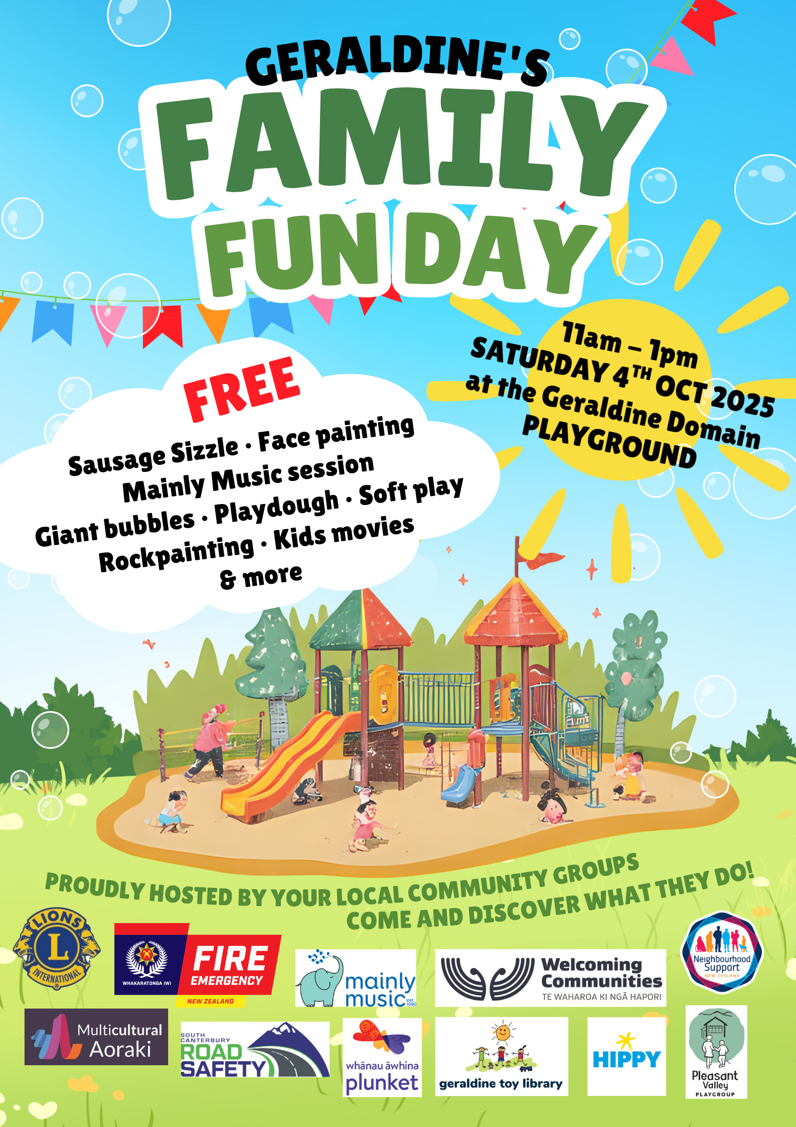 Event poster. Free event featuring sausage sizzle, face painting, giant bubbles, rock painting, kids movies and more