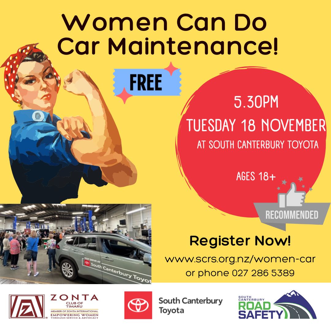 Women Can Do Car Maintenance Promo graphic for women's car maintenance event at South Canterbury Toyota