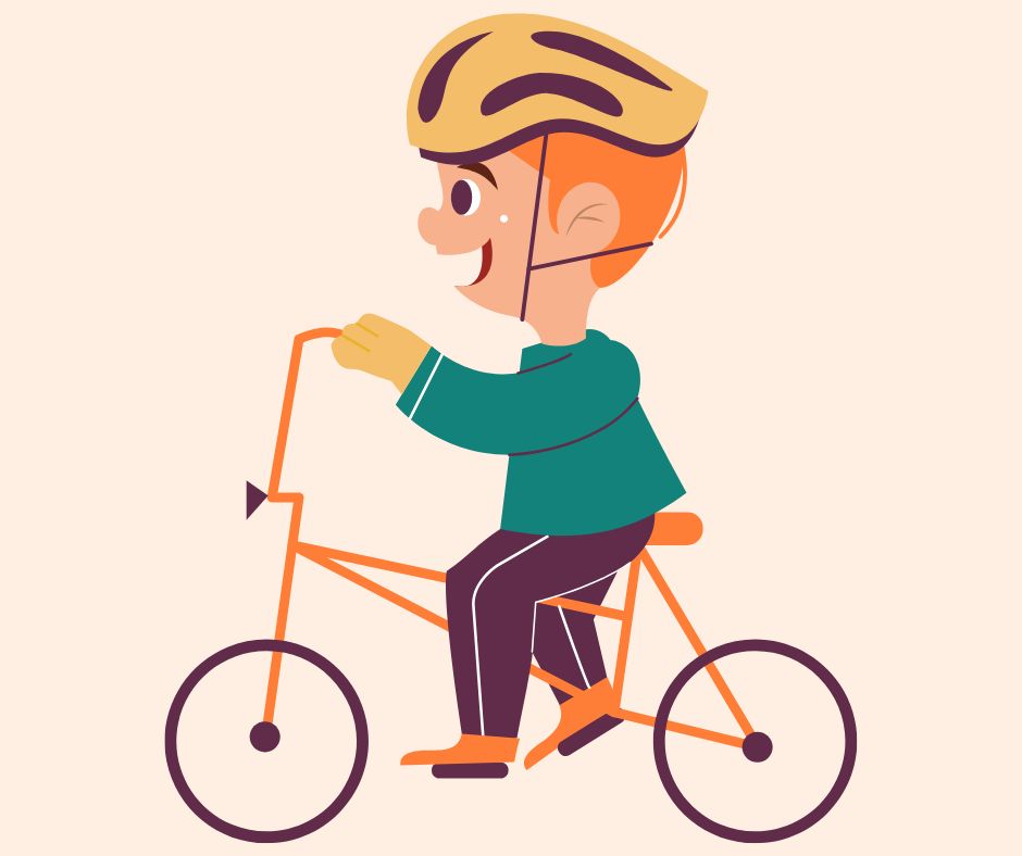 Cartoon-style image of male child riding bike wearing helmet
